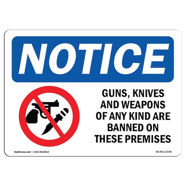 Sign, 3.5" H, 5" W, NOTICE Guns Knives Weapons Banned On These Premises Sign, Landscape, 10PK